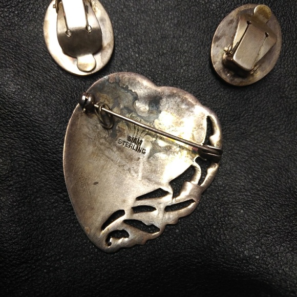 Vtg Siam Blue Enamel Sterling Silver Brooch set - Picture 2 of 4